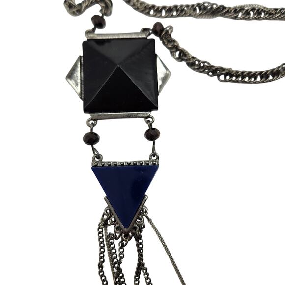 Express Gunmetal Multi-Strand Geometric Pendant Necklace with Tassels - Picture 3 of 7